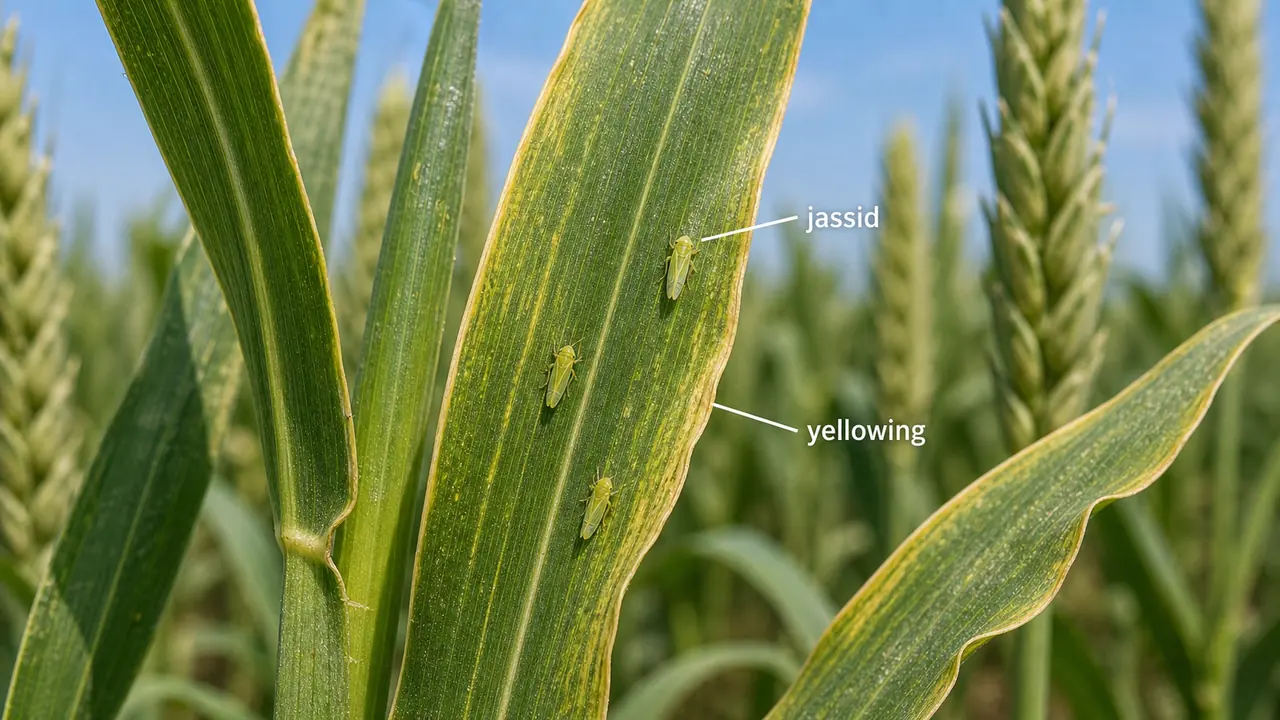 Wheat jassid injury showing wedge-shaped jassids and yellowing leaf margins
