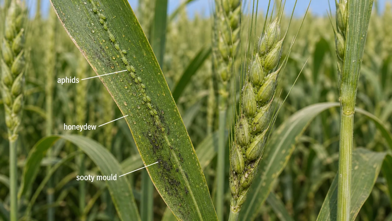 Minor wheat aphid colonies on leaves and ears with honeydew and early sooty mould