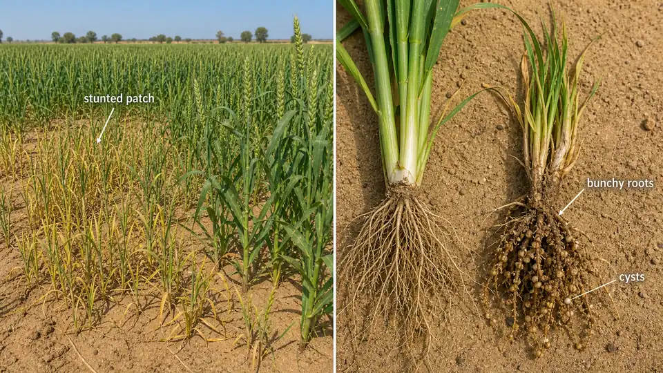 Molya disease in wheat showing patchy stunted plants and bunchy galled roots from Heterodera avenae