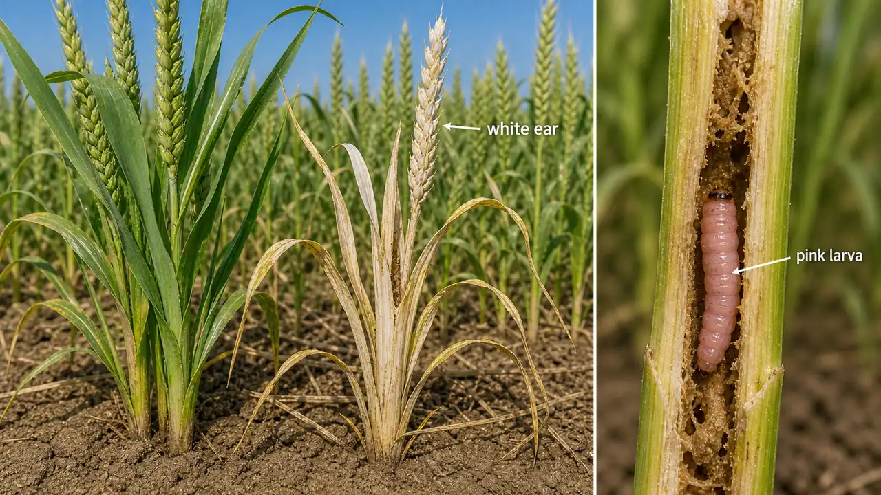 Wheat pink borer damage showing a pink Sesamia larva in the stem and white-ear-type drying