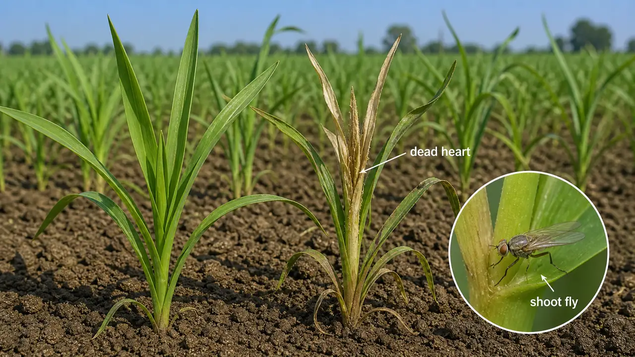 Wheat shoot fly damage showing dead heart in young seedlings with a small shoot fly inset