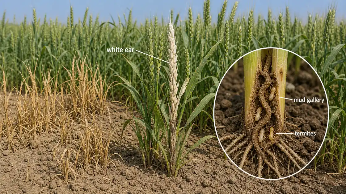 Wheat termite damage showing white-ear-like drying and mud galleries with termite workers in the lower stem and root zone