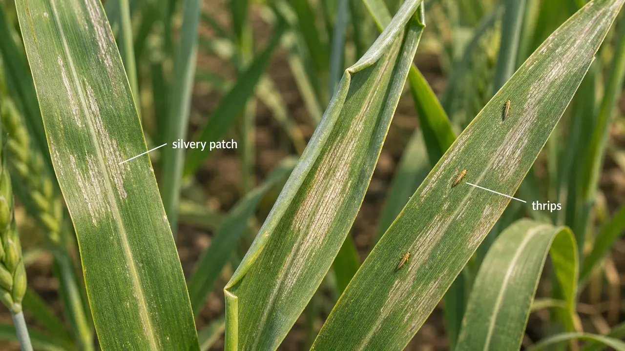 Wheat thrips damage showing silvery scraped patches on leaves with thrips feeding on the surface