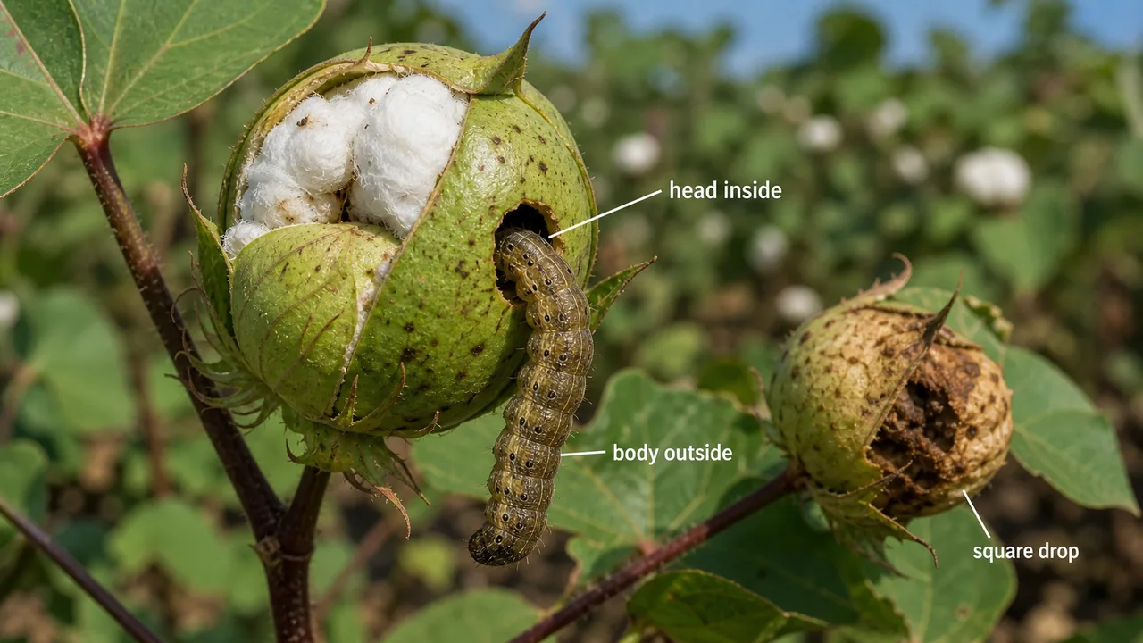 American bollworm on cotton feeding with head inside the boll and body outside near damaged squares