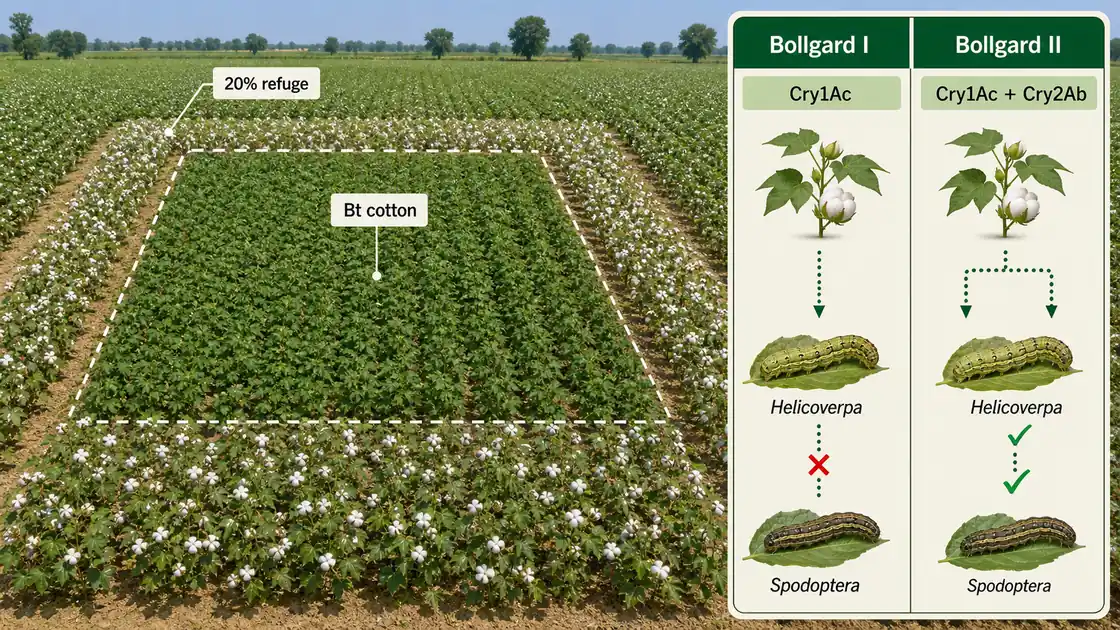 Bt cotton refuge layout showing a 20 percent non-Bt border and Bollgard I versus Bollgard II Cry protein comparison