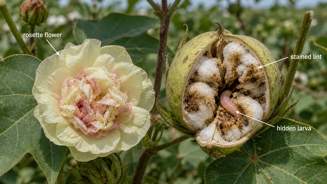 Pink bollworm damage in cotton showing rosette flower, stained lint, and hidden larva inside a cut-open boll
