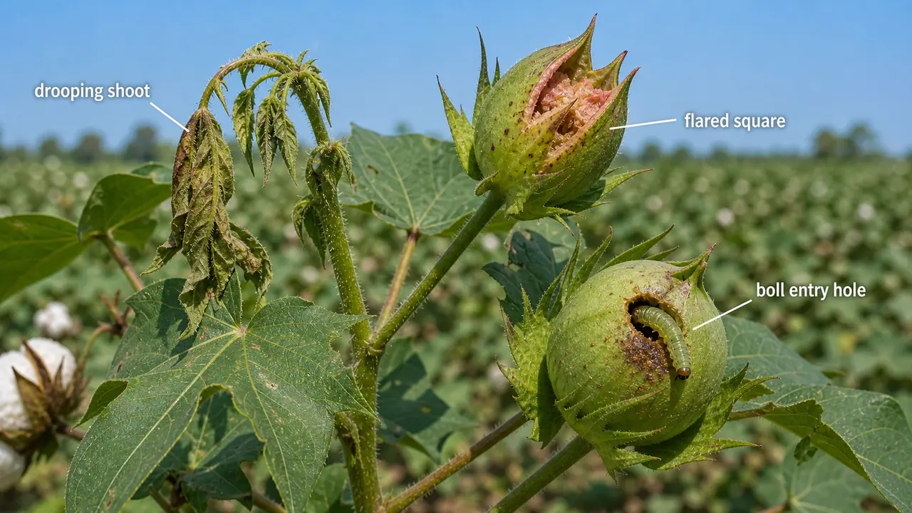 Spotted bollworm damage in cotton showing drooping shoot, flared square, and a boll entry hole from Earias attack