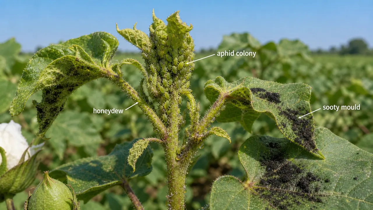 Cotton aphid colony on tender shoot showing clustered aphids, honeydew, and black sooty mould on leaves