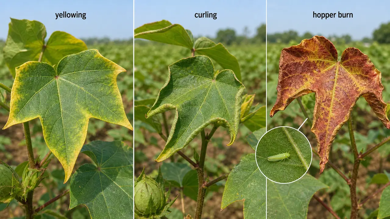 Cotton jassid hopper burn progression showing yellowing, downward curling, and bronze leaf injury with a leafhopper on the underside