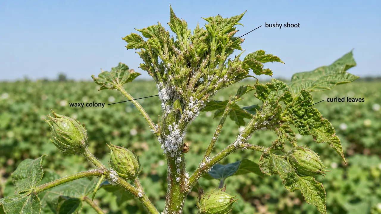 Cotton mealybug infestation on tender shoots showing waxy colonies, bushy top growth, and curled crinkled leaves