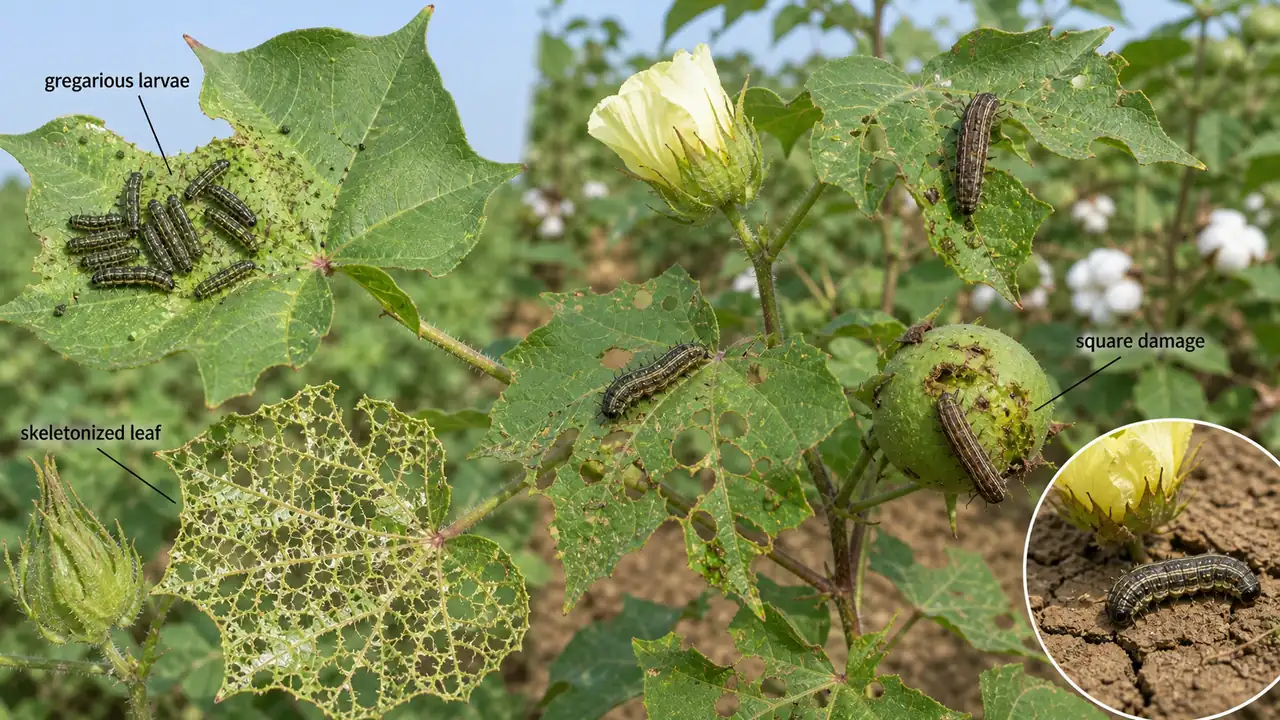 Spodoptera litura larvae on cotton showing gregarious early feeding, skeletonized leaves, and square damage