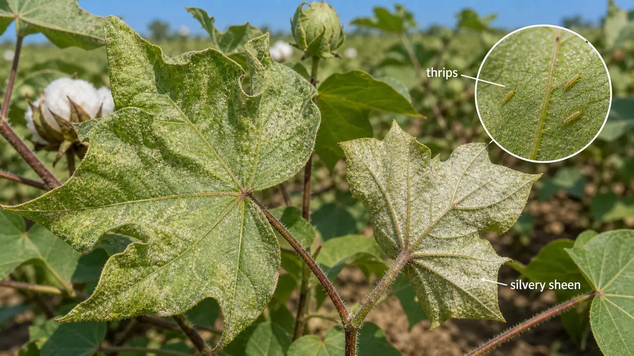 Cotton thrips injury showing silvery sheen on leaves with tiny slender thrips on the leaf surface