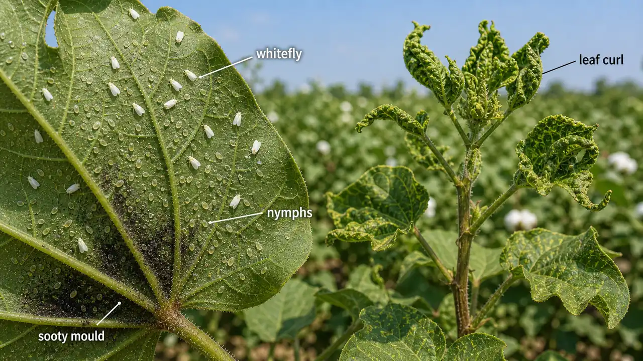 Cotton whitefly infestation with adults and nymphs on the leaf underside, sooty mould, and leaf curl symptoms