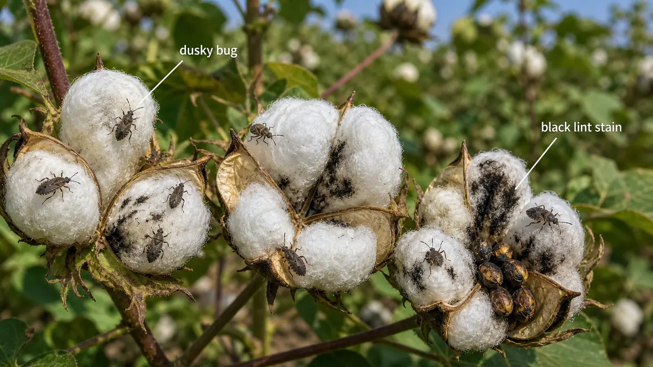 Dusky cotton bug on open cotton bolls with black lint staining and discoloured seeds