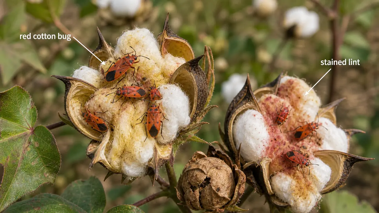 Red cotton bug feeding on open cotton bolls and staining lint yellow to reddish around the feeding site