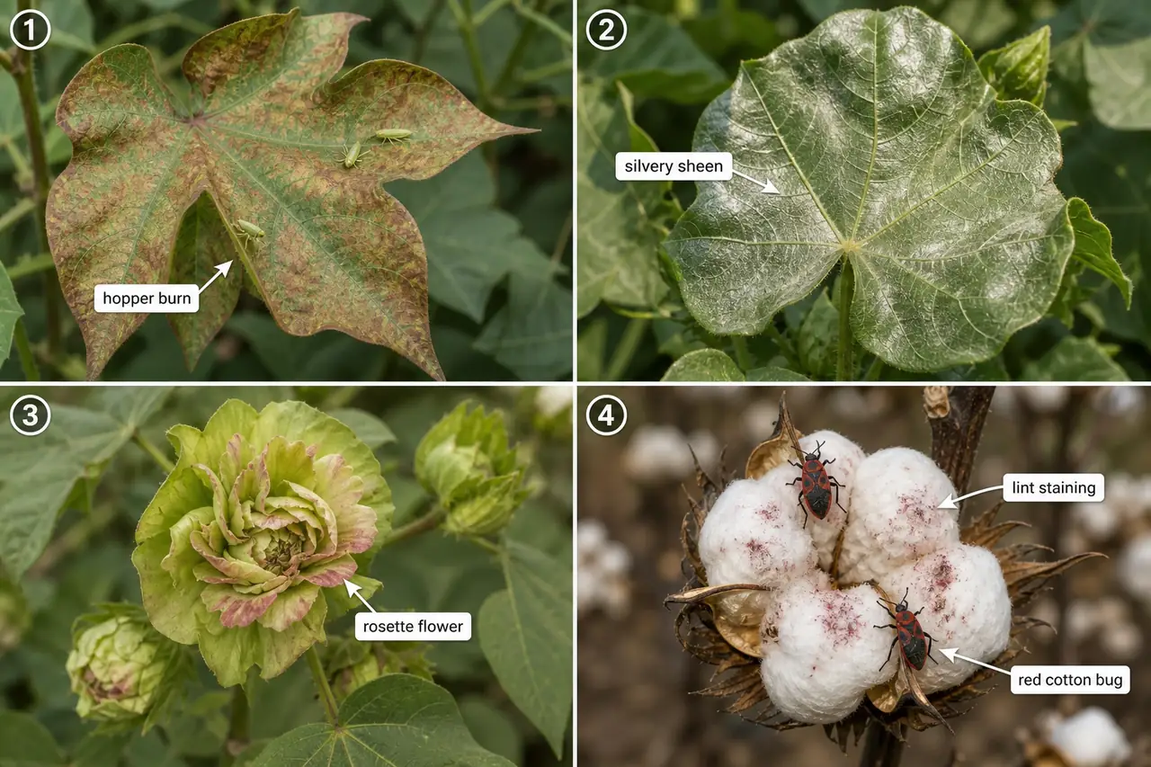 Cotton symptom to pest comparison board showing hopper burn, silvery sheen, rosette flower, and lint staining with red cotton bug