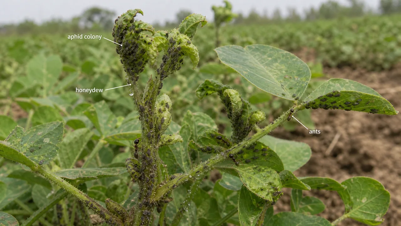 Groundnut aphid infestation showing dense aphid colonies, honeydew, ants, and stunted tender shoots