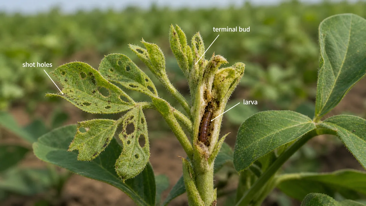 Groundnut bud borer on terminal shoots showing larva inside the bud and shot-hole injury on tender leaves