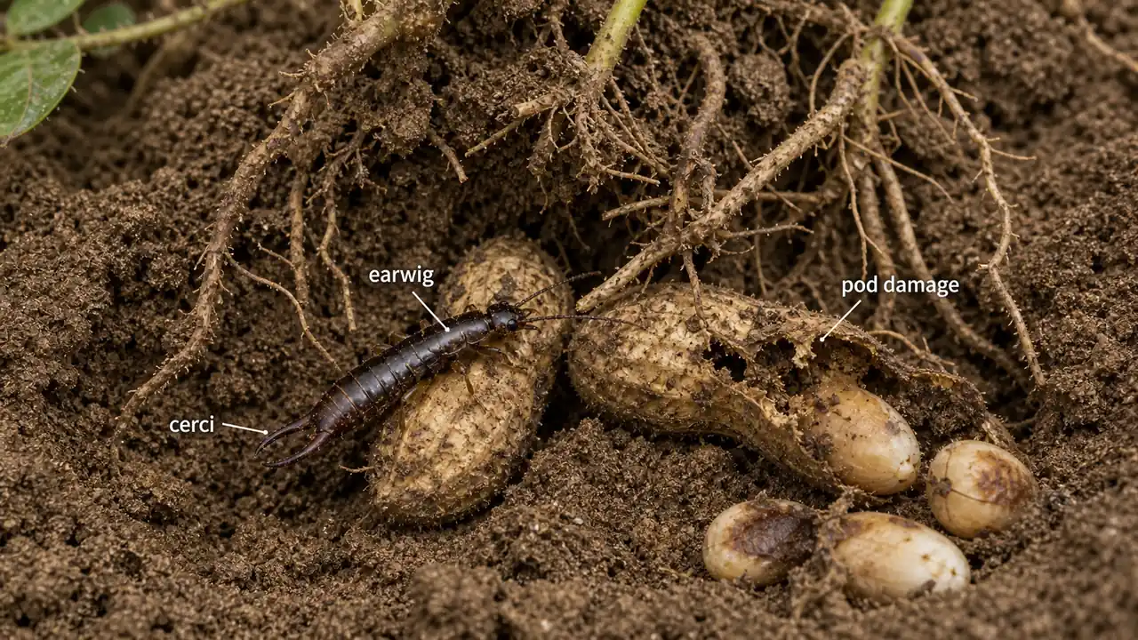 Groundnut earwig in soil around pegged pods showing forceps-like cerci and pod damage underground