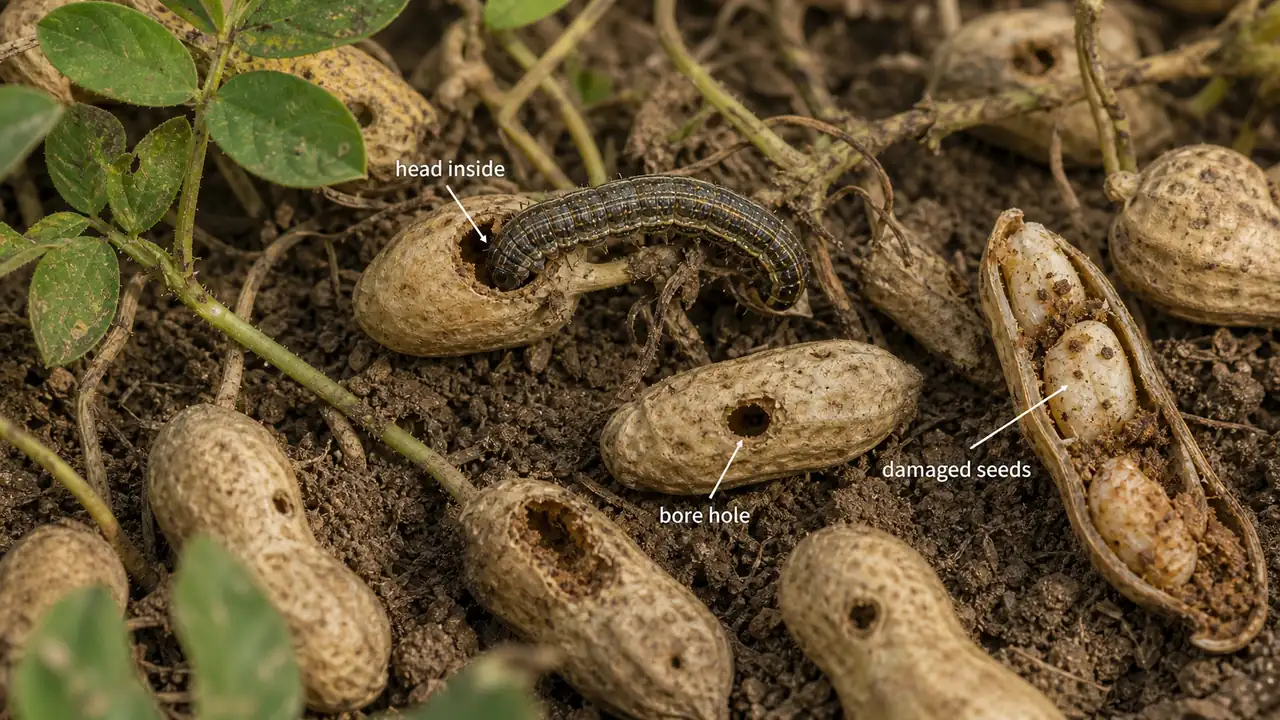 Groundnut gram pod borer showing Helicoverpa larva boring into pods with head inside and body outside
