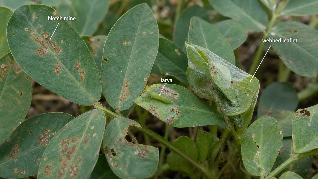 Groundnut leaf miner damage showing blotch mines, webbed folded leaflets, and larva inside mined tissue