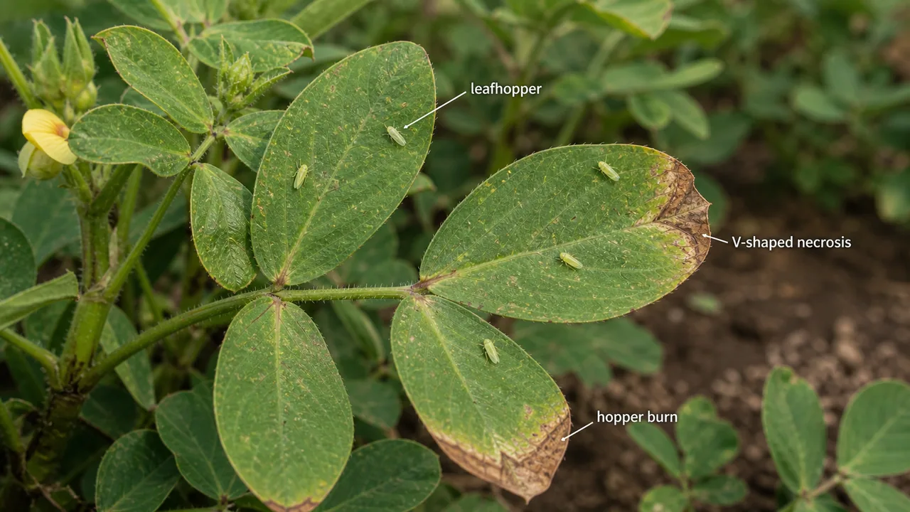 Groundnut leafhopper damage showing wedge-shaped leafhoppers and V-shaped necrosis at leaflet tips