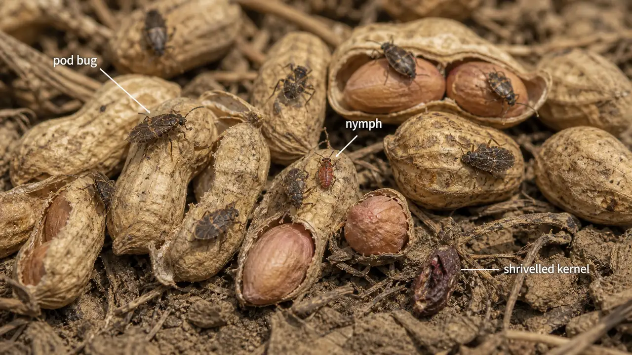 Groundnut pod bug on drying pods and exposed kernels showing shrivelled seeds and nymph
