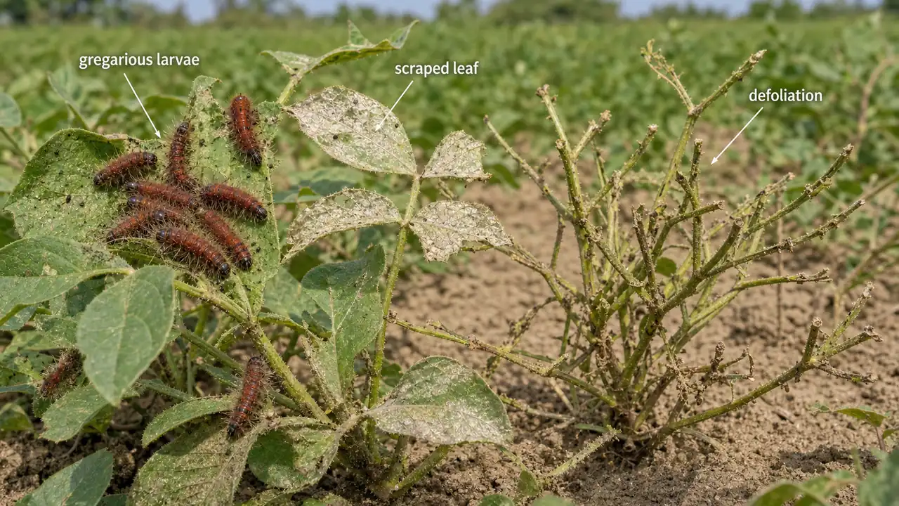 Red hairy caterpillar infestation on groundnut showing gregarious hairy larvae scraping leaves and causing severe defoliation