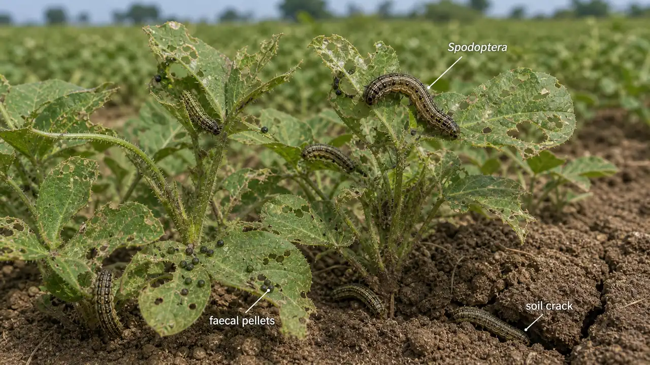 Groundnut Spodoptera litura damage showing caterpillars, ragged defoliation, faecal pellets, and larvae hiding near soil cracks