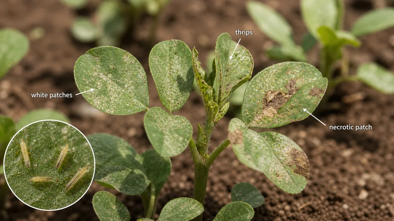 Groundnut thrips injury on seedlings showing white patches, necrotic tissue, and distorted tender leaflets