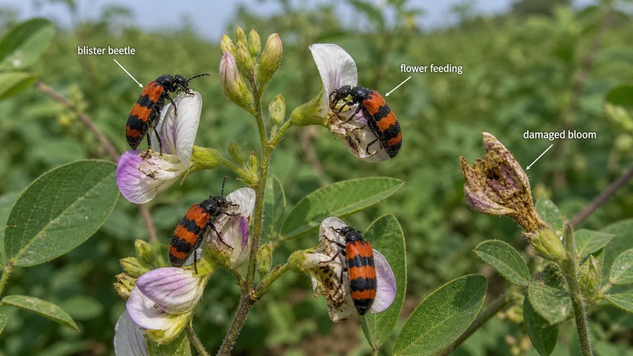 Blister beetles feeding on pulse flowers and damaging blooms