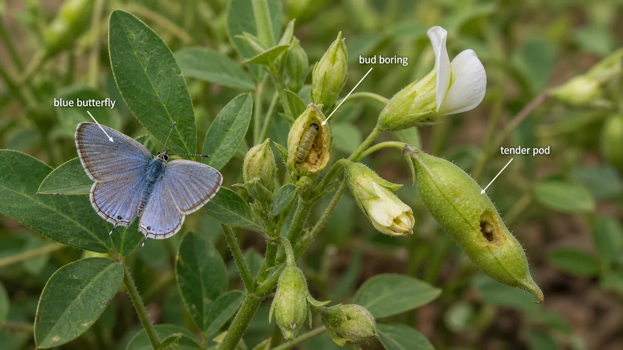 Blue butterfly on pulse crop showing bud boring and larval attack on tender pod