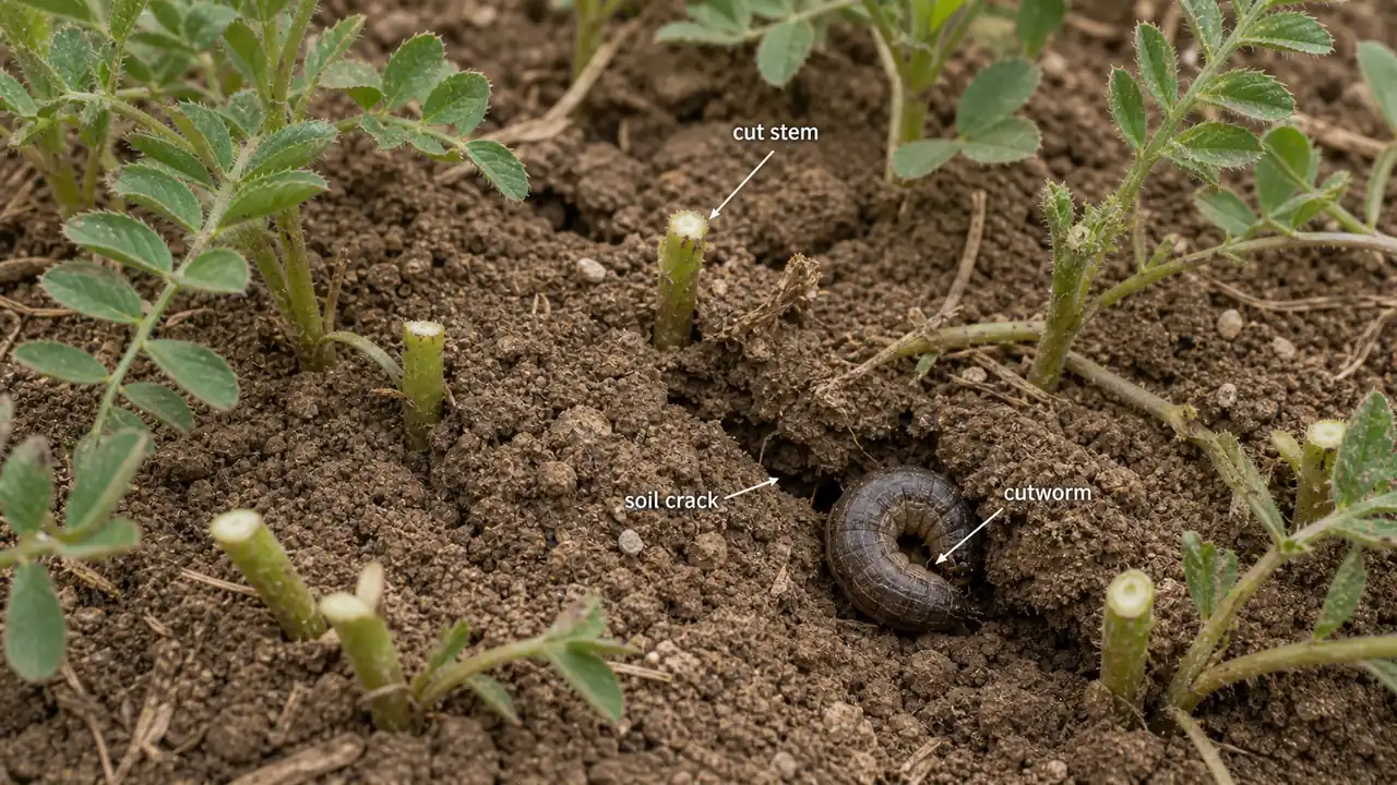 Pulse cutworm damage showing seedlings cut at ground level and cutworm hiding in a soil crack