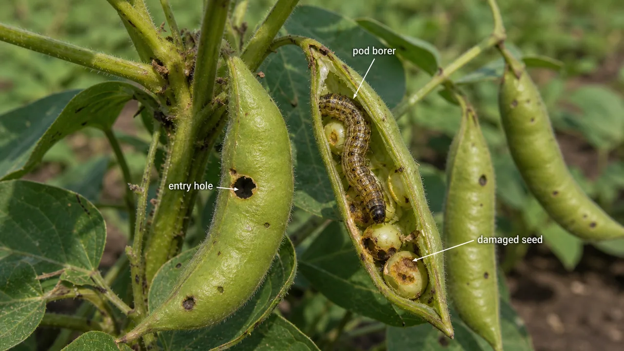 Field bean pod borer damage on pulse pods showing entry hole and damaged seeds inside the pod
