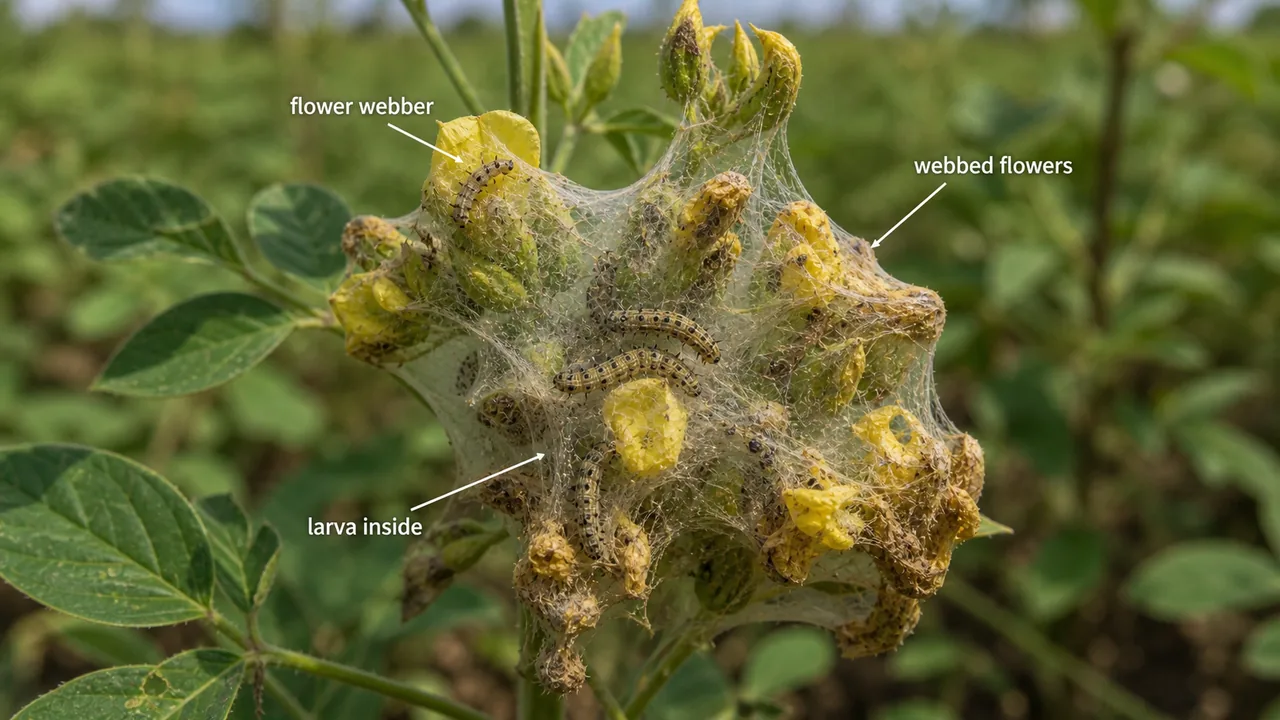 Flower webber on pulse crop showing larvae inside webbed flowers