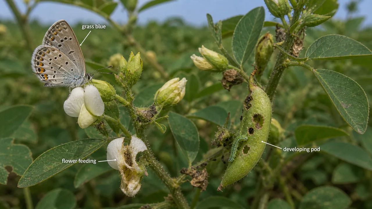 Grass blue butterfly on pulse flowers and pods showing flower feeding and injury to developing pod