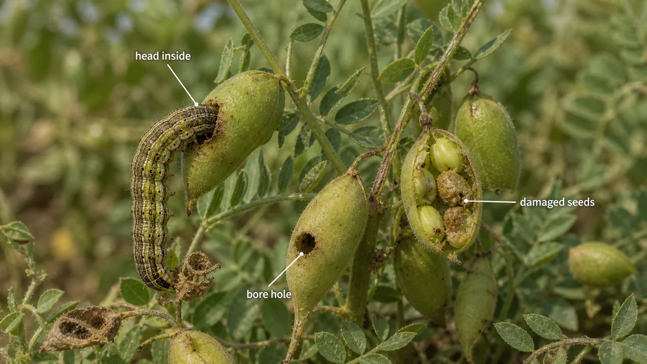 Pulse gram pod borer showing Helicoverpa larva with head thrust inside pod, bore hole, and damaged seeds