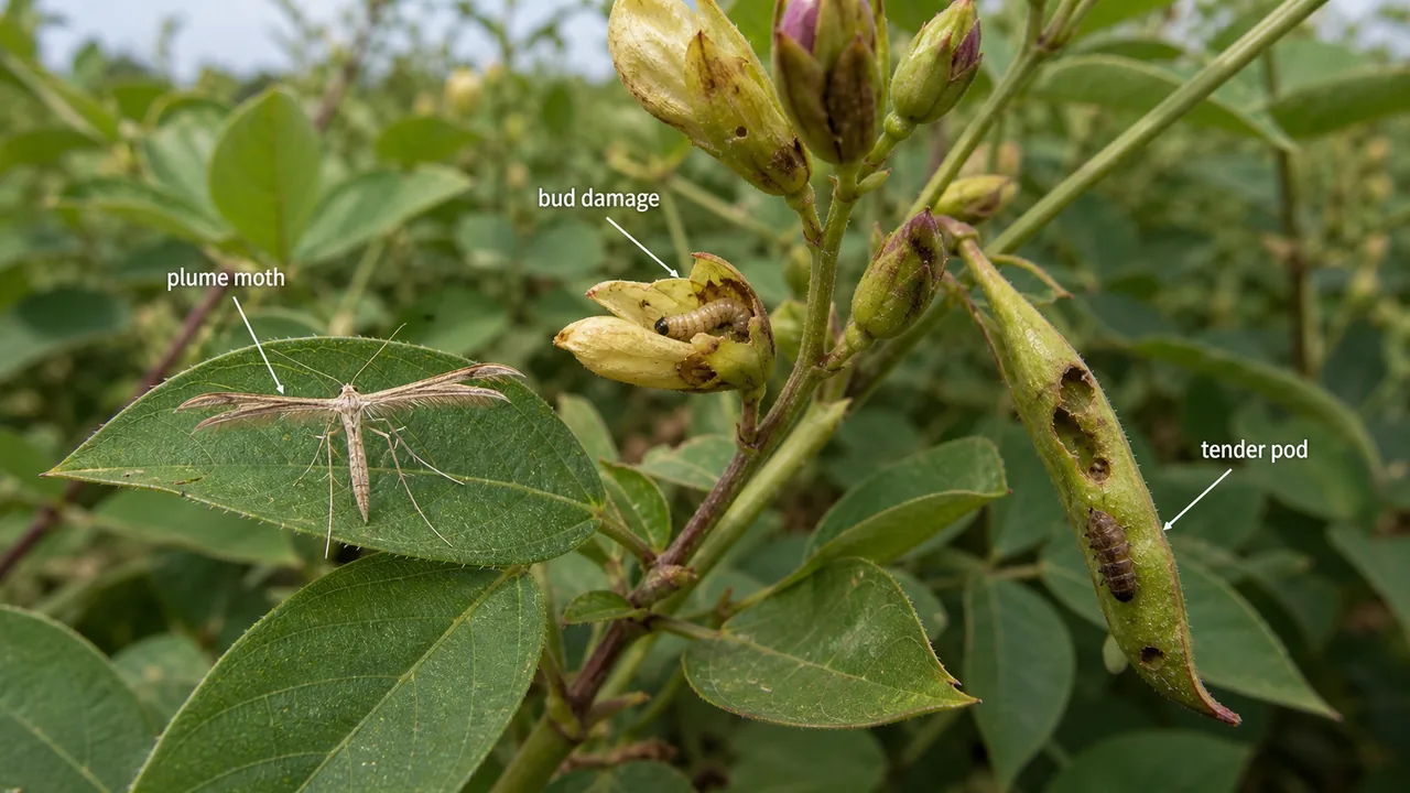 Plume moth on pigeonpea showing T-shaped resting wings, bud damage, and larva attacking tender pods