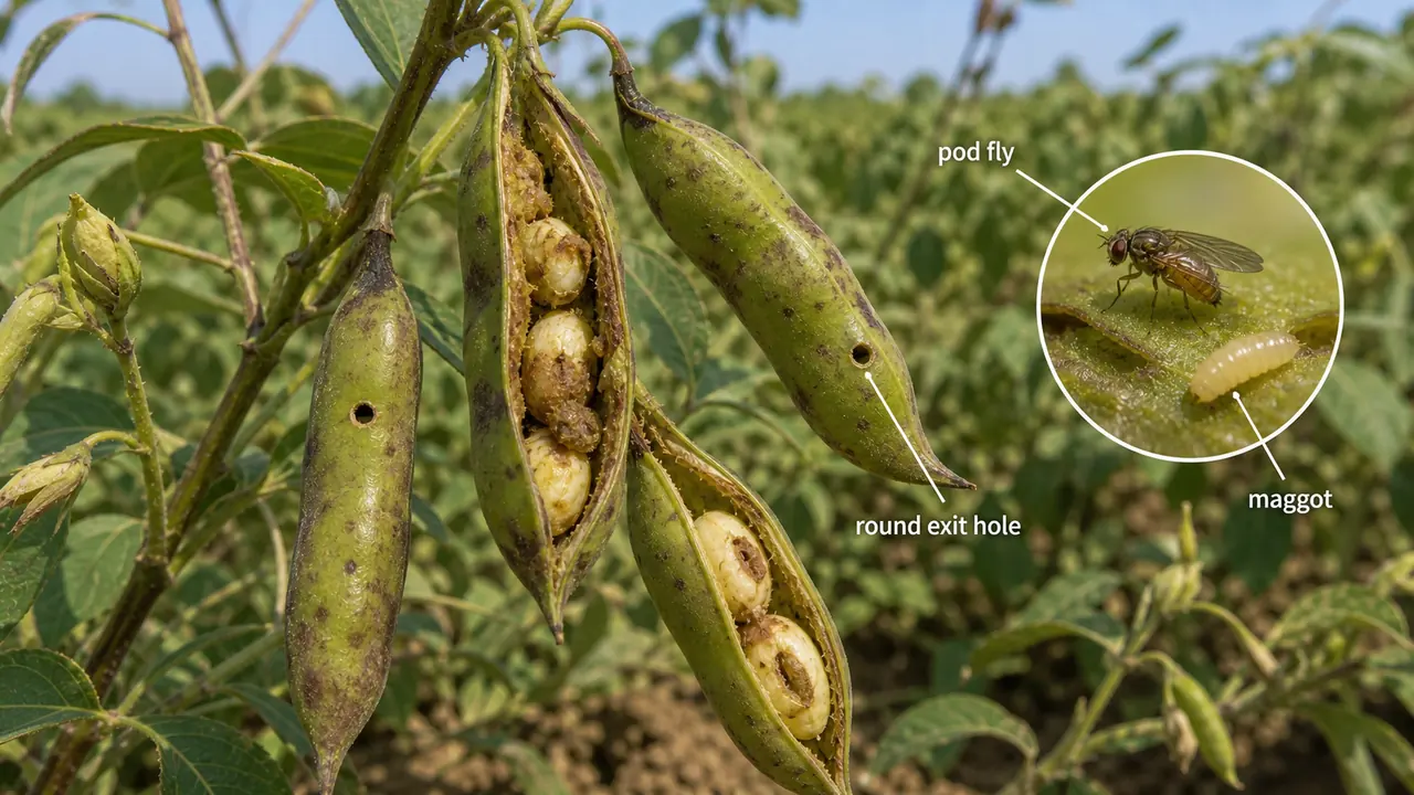 Pulse pod fly damage showing round exit holes, damaged seeds, and maggot inside pigeonpea pods