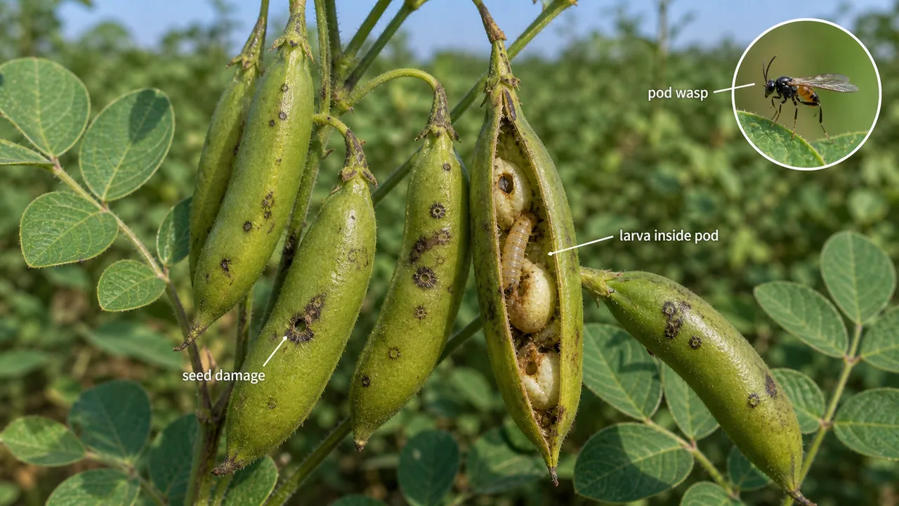 Pod wasp damage in pigeonpea showing larvae inside pods and seed damage