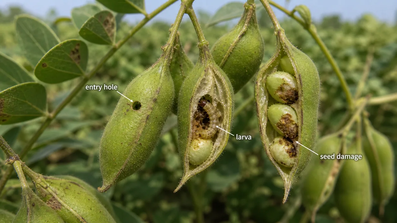 Spiny pod borer damage in pulse pods showing entry hole, larva, and seed damage