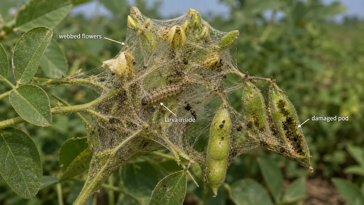 Spotted pod borer damage on pulses showing webbed flowers, larva inside, and damaged pod cluster