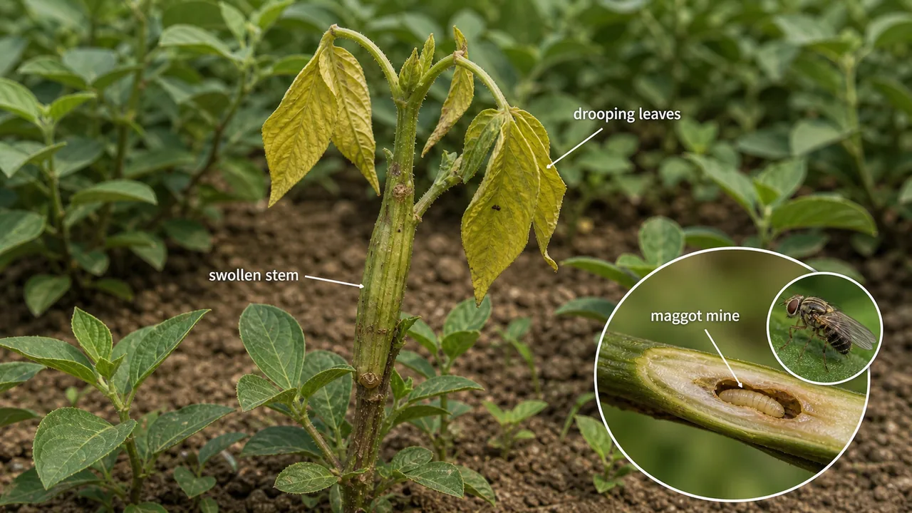 Pulse stem fly damage showing drooping yellow leaves, swollen stem, and maggot mine inside the stem
