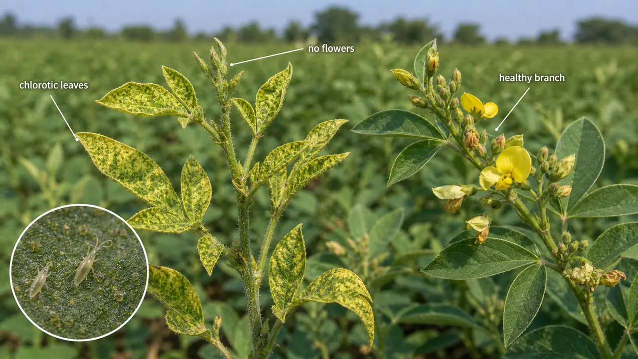 Red gram sterility mite damage showing chlorotic mosaic leaves and affected pigeonpea branch without flowers beside a healthy flowering branch