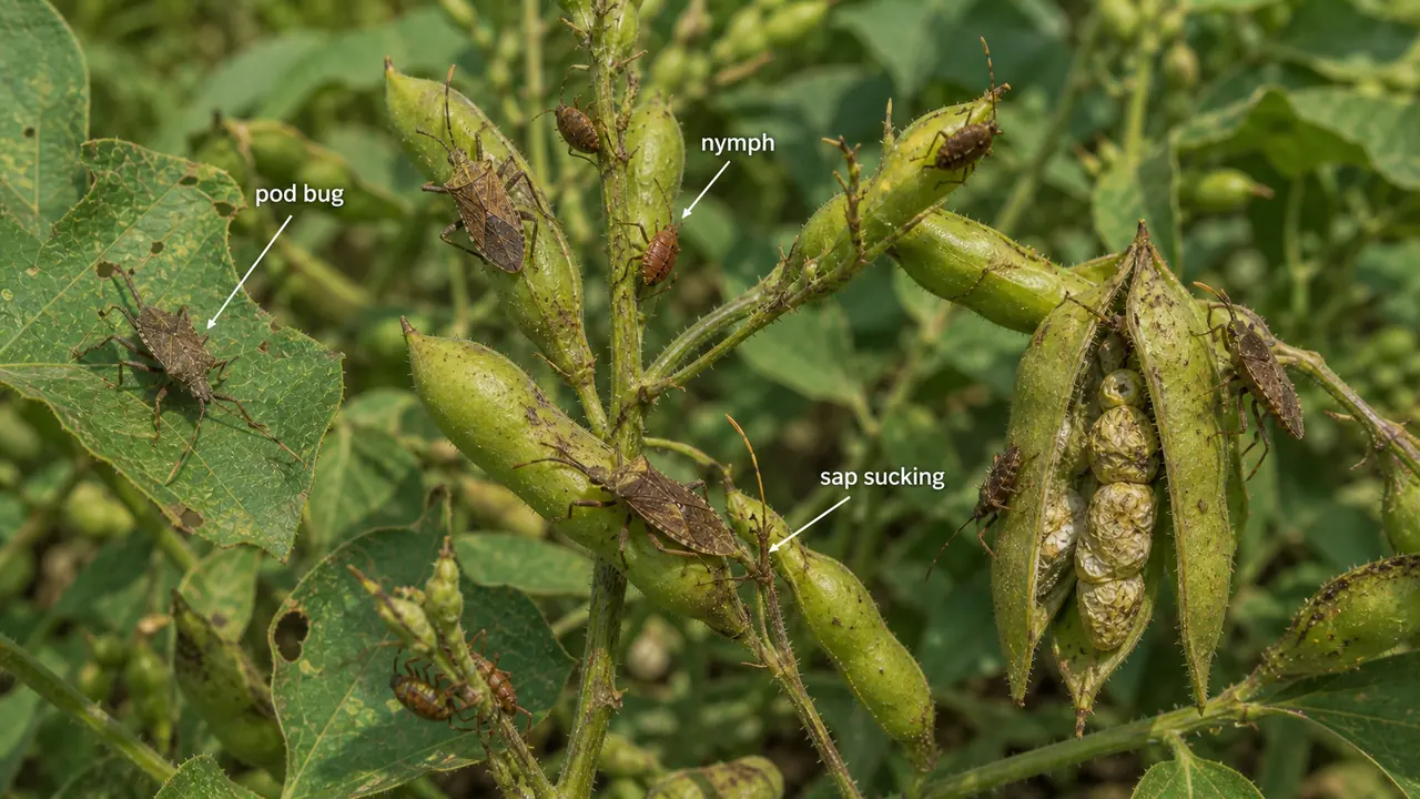 Tur pod bug and nymphs on pigeonpea pods showing sap sucking and shrivelled developing seeds