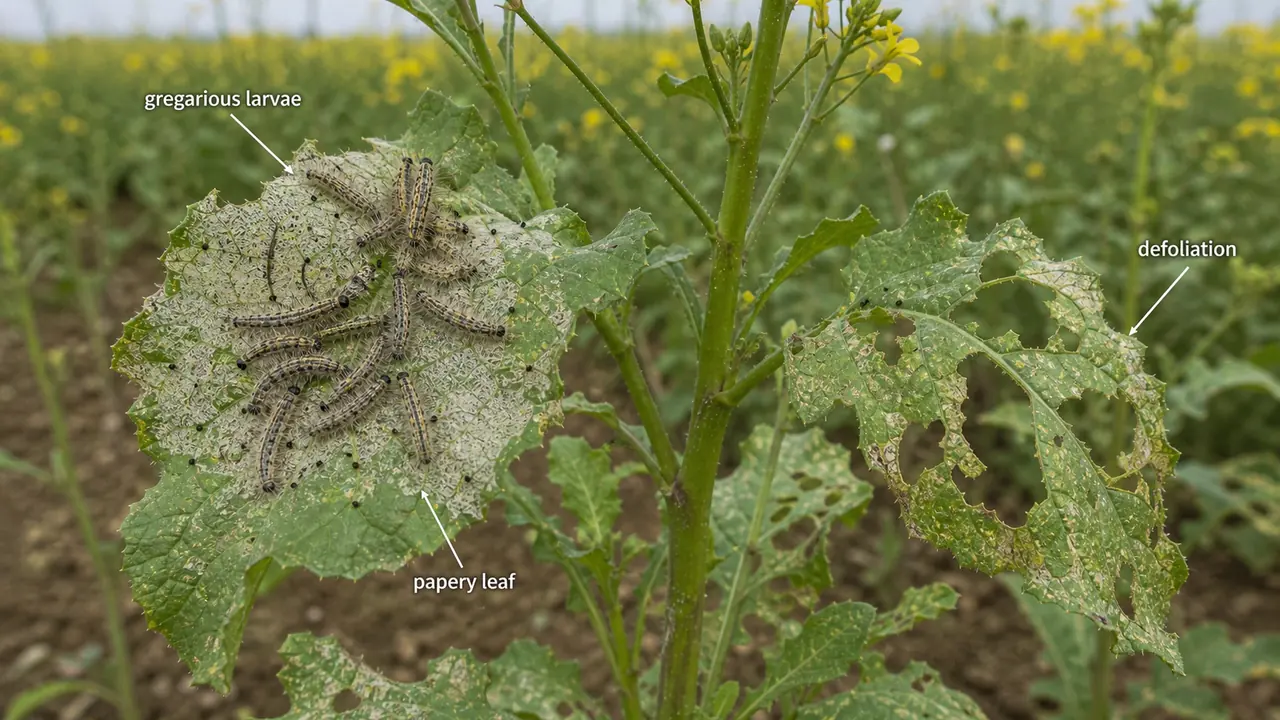Bihar hairy caterpillar on mustard showing gregarious early larvae, papery leaf scraping, and defoliation