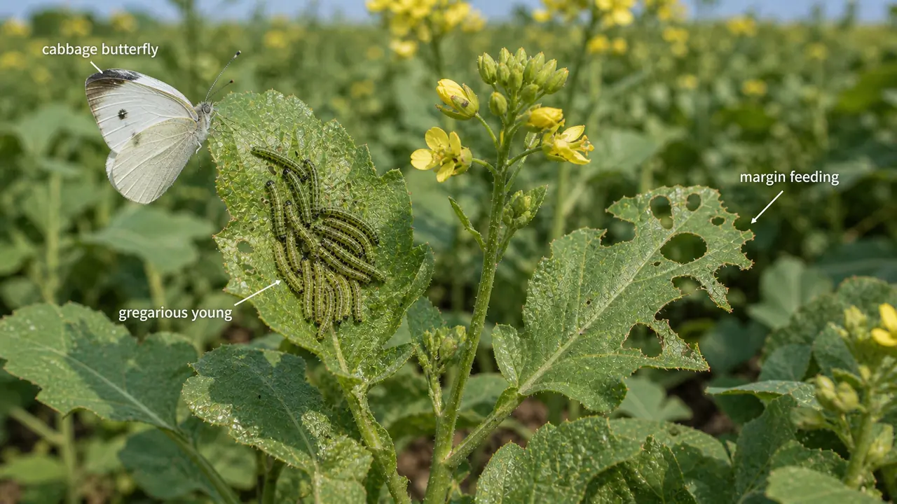 Cabbage butterfly on mustard showing Pieris brassicae adult, gregarious young larvae, and margin feeding damage