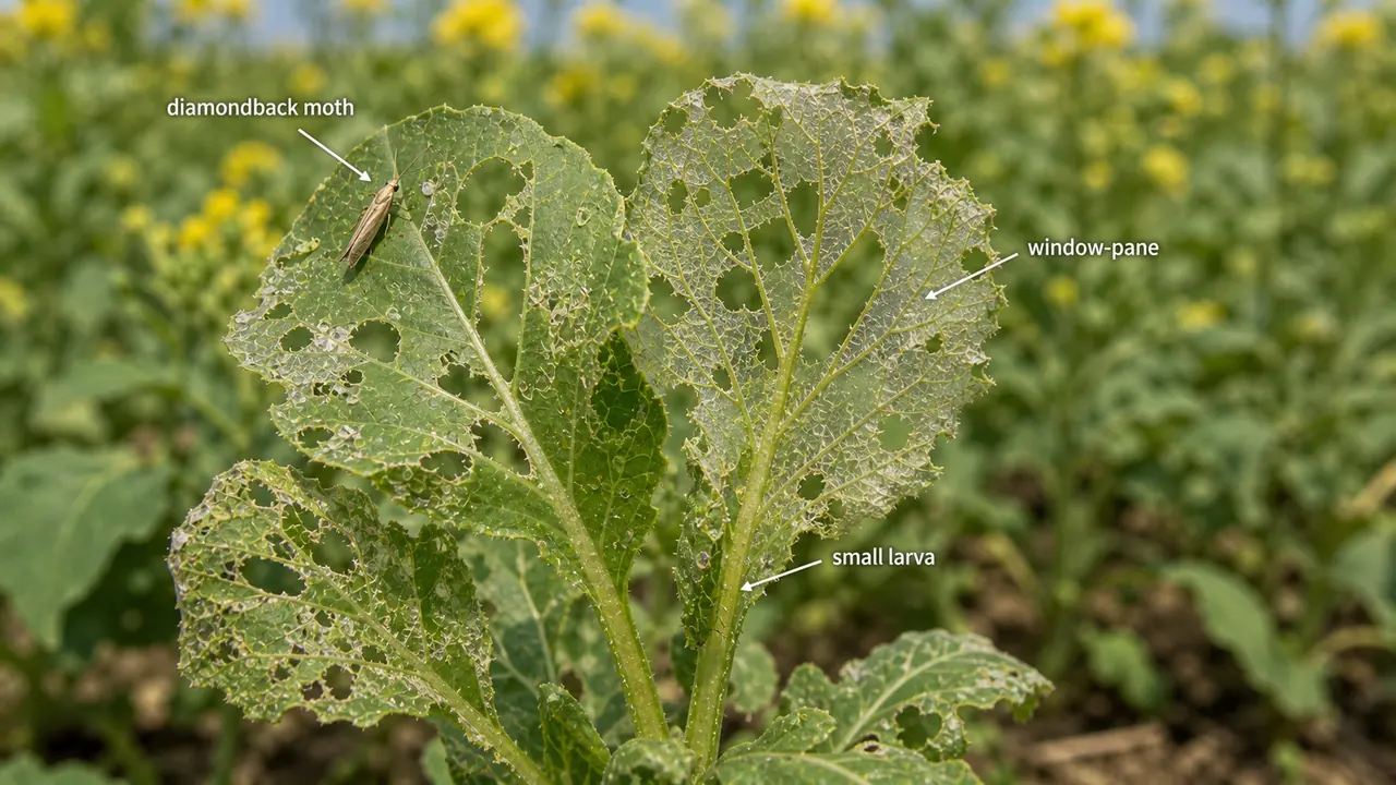 Diamondback moth damage on mustard showing Plutella xylostella and classic window-pane feeding