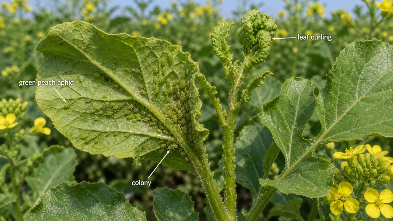 Green peach aphid colony on mustard leaf underside showing Myzus persicae and leaf curling