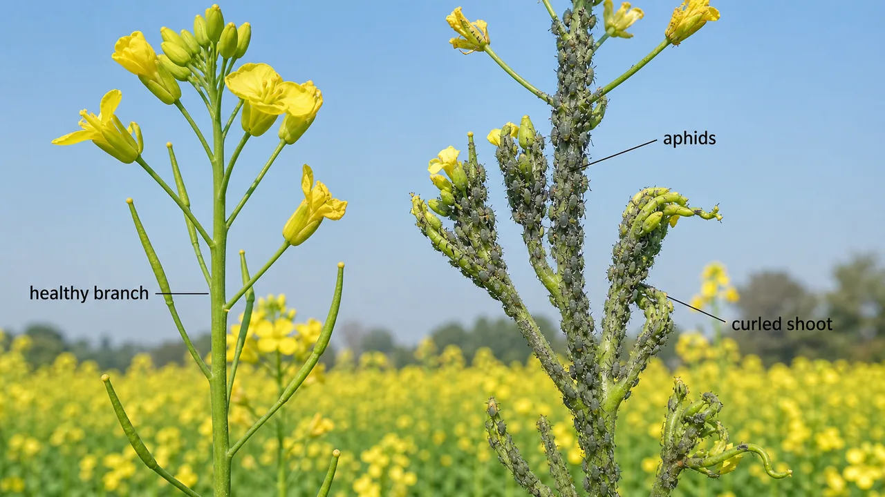 Mustard aphid infestation on flowering mustard showing dense Lipaphis erysimi colonies on inflorescence and curled shoots beside a healthy branch